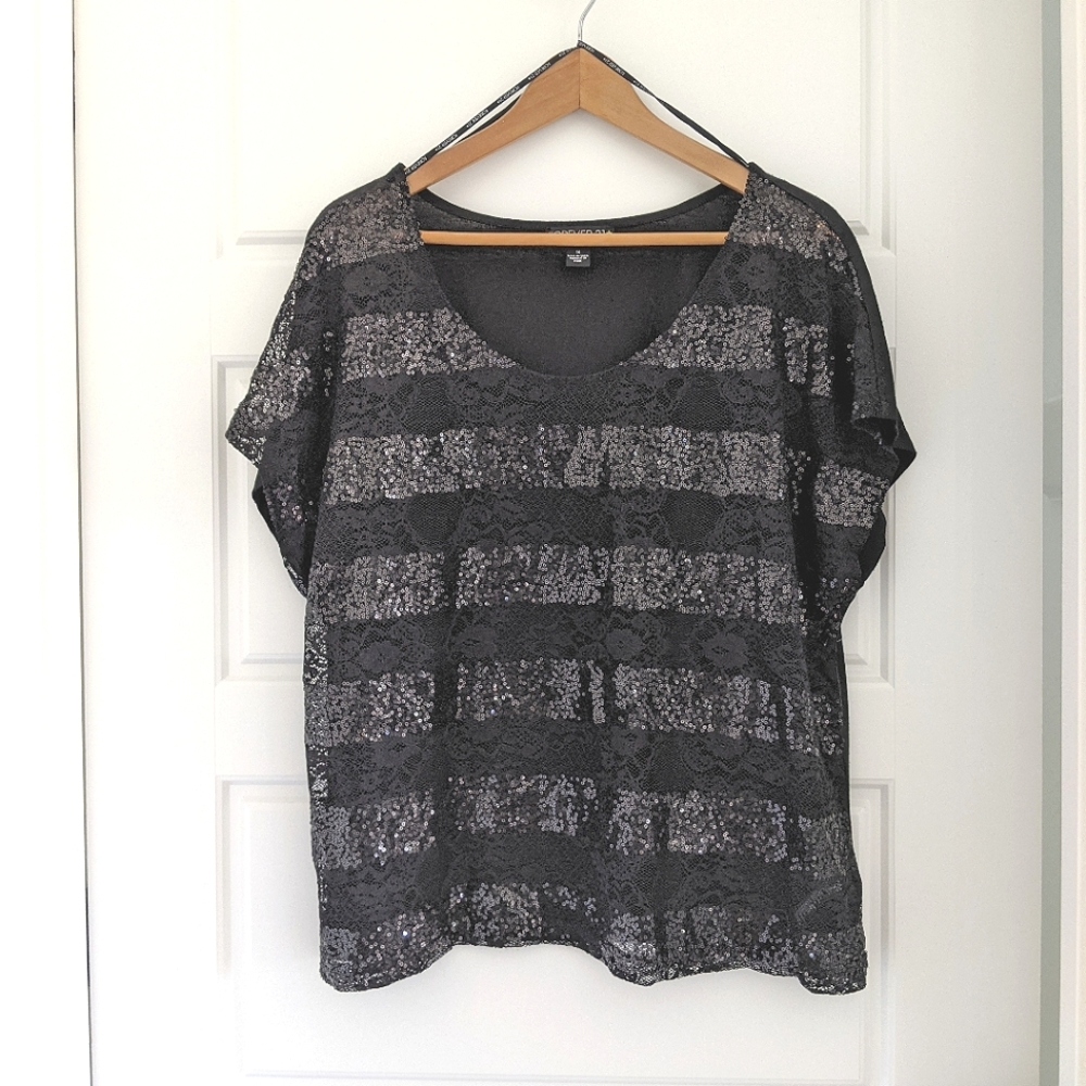 Women's Plus Size Black‎ Lace & Sequins Short Sleeves Going Out Top Sz 1X Whimsy